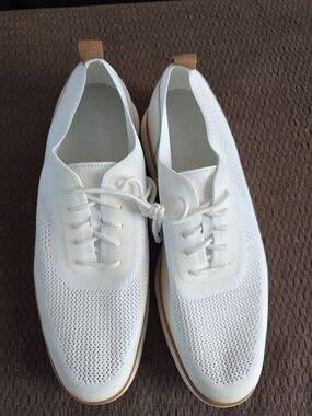 Cole Haan White Knit Lace-Up Sneakers with Tan Pull Tabs